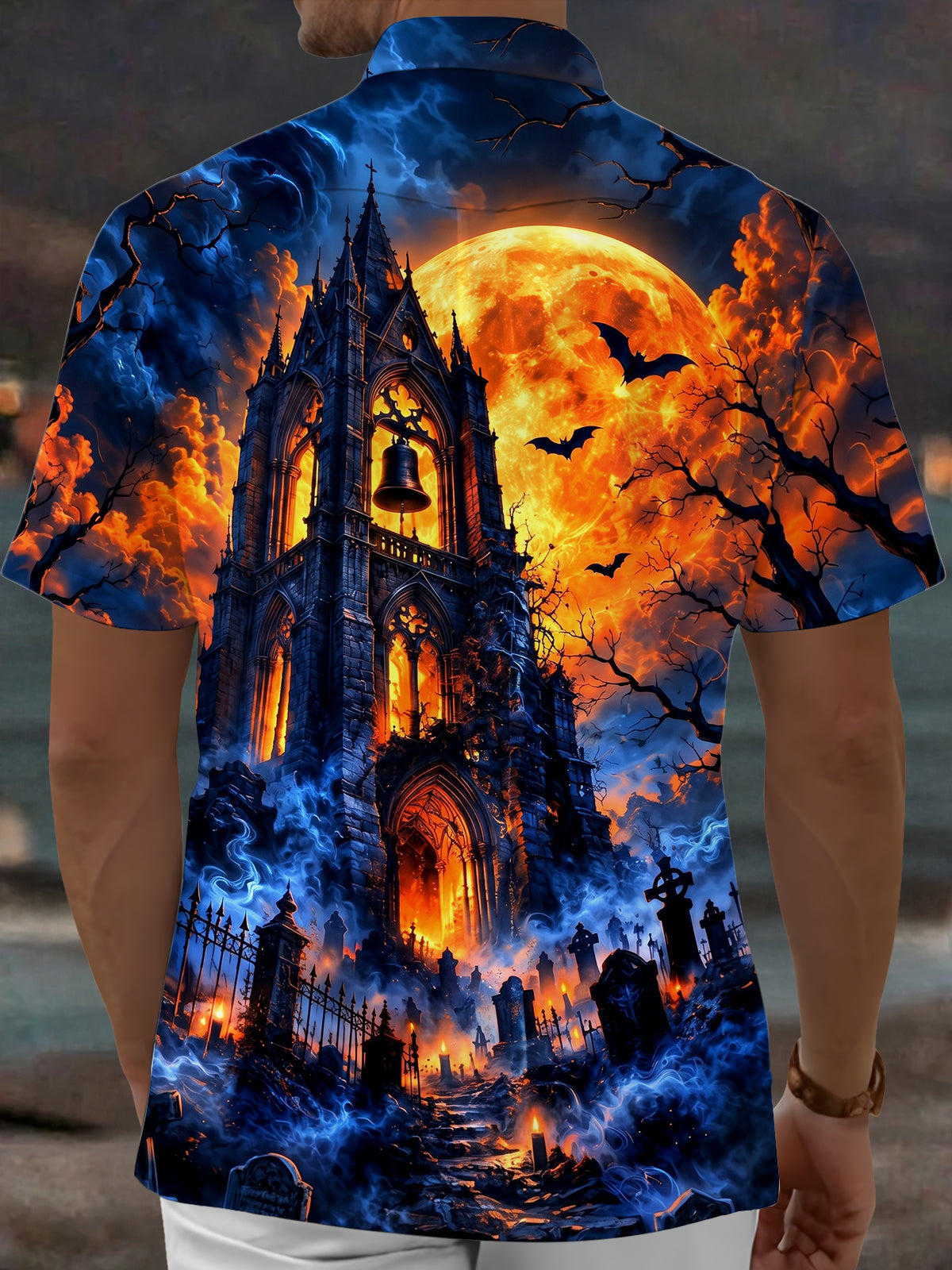 Adaychic Men's Halloween Gothic Castle And Bats Print Short Sleeve Shirt with Chest Pocket