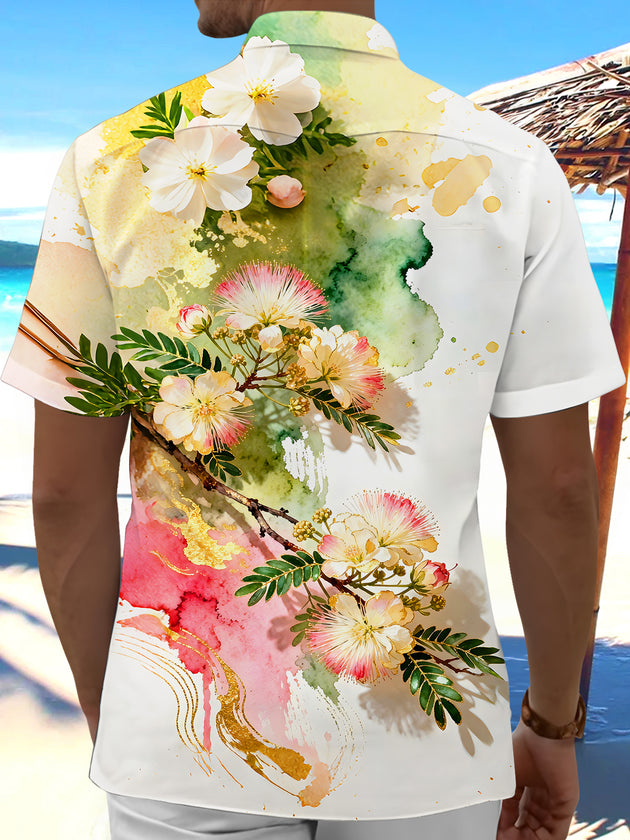 Men's watercolor floral short sleeve shirt back view