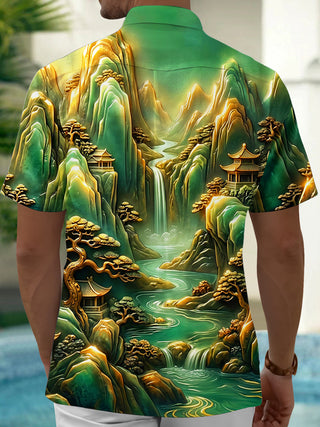 Adaychic Men's Short Sleeve Shirt - Asian Landscape With Mountains And Waterfall Print with Chest Pocket