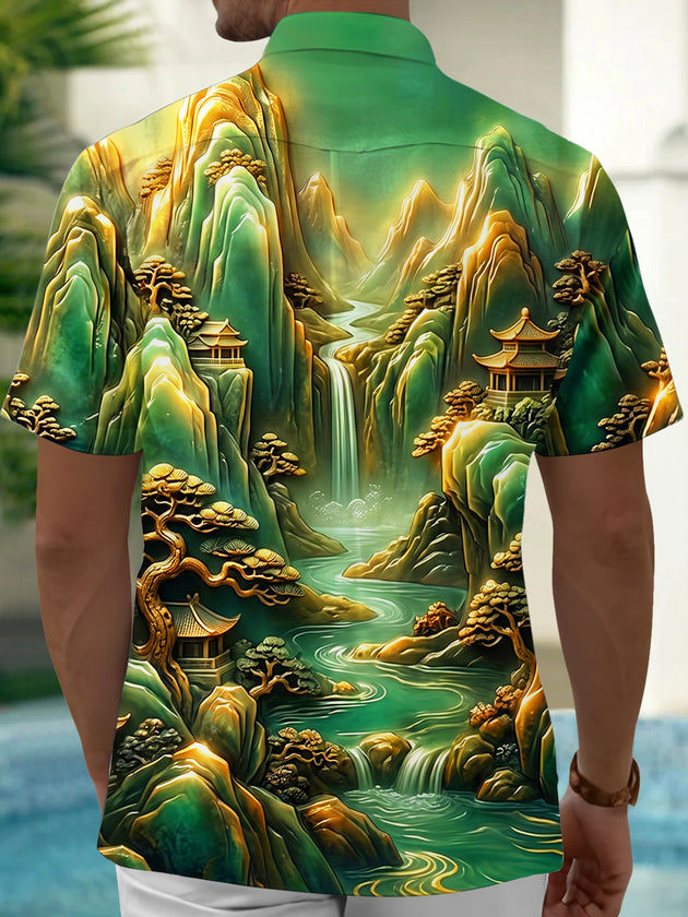 Adaychic Men's Short Sleeve Shirt - Asian Landscape With Mountains And Waterfall Print with Chest Pocket