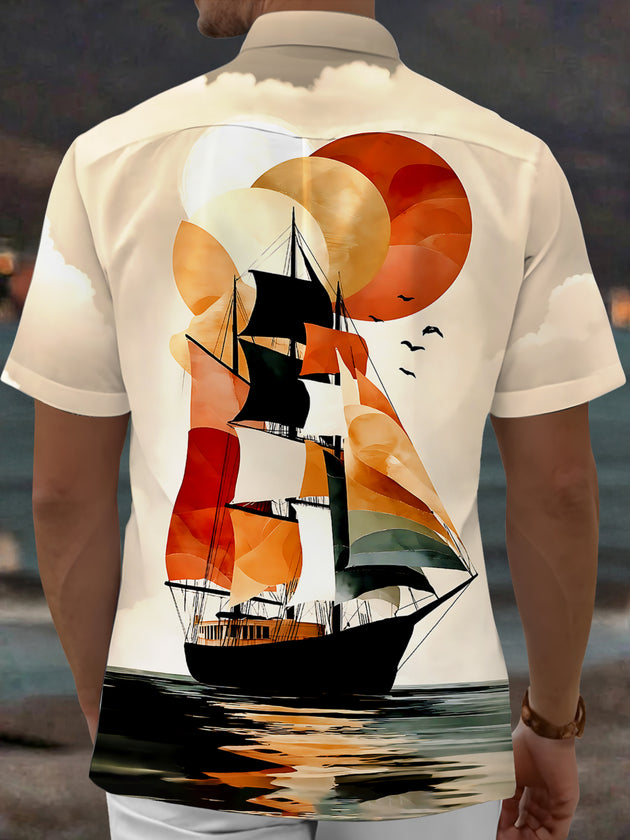 Adaychic Men's Vintage Style Sailing Ship Sunset Print Short Sleeve Shirt with Chest Pocket