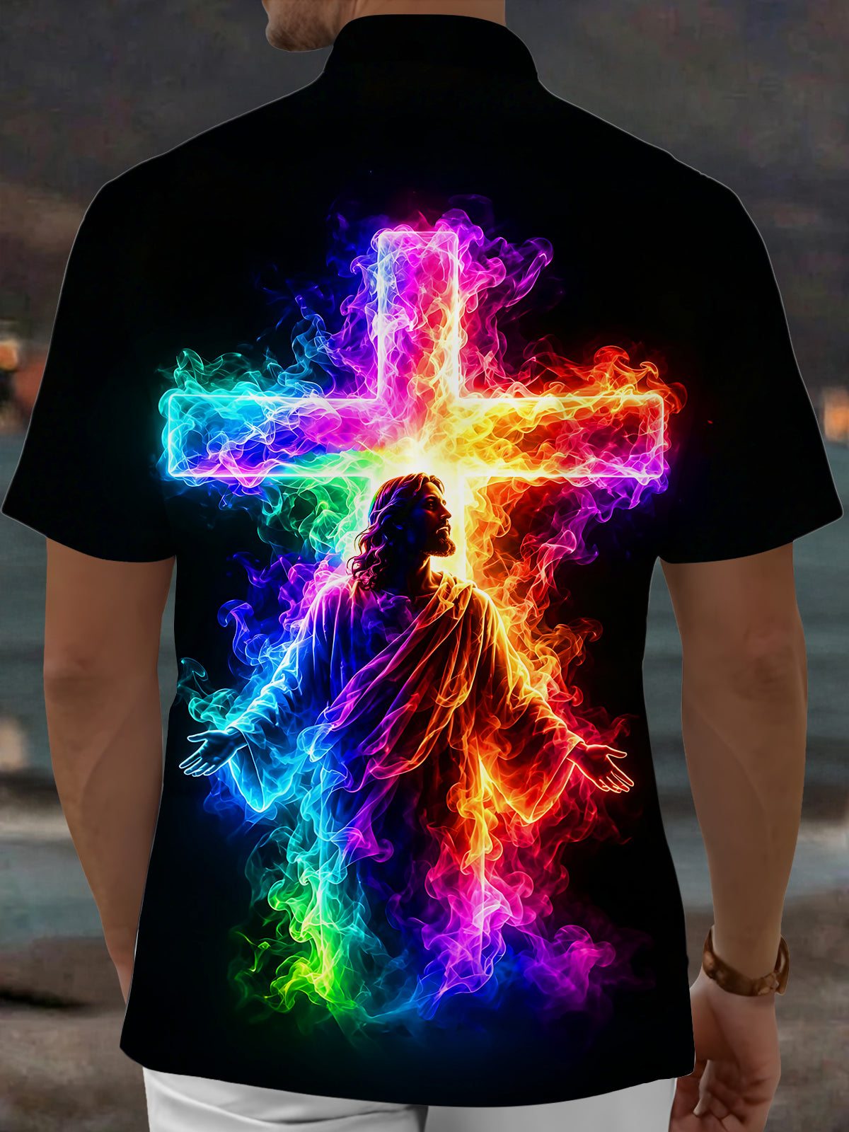 Adaychic Men's Graphic Rainbow Smoke Cross Jesus Print Short Sleeve Button Down Shirt with Chest Pocket