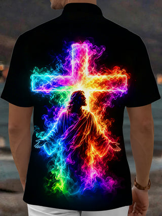Adaychic Men's Graphic Rainbow Smoke Cross Jesus Print Short Sleeve Button Down Shirt with Chest Pocket
