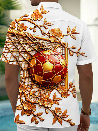 Adaychic Men's Short Sleeve Shirt - Soccer Goal And Ball With Plum Blossom Branches Print with Chest Pocket
