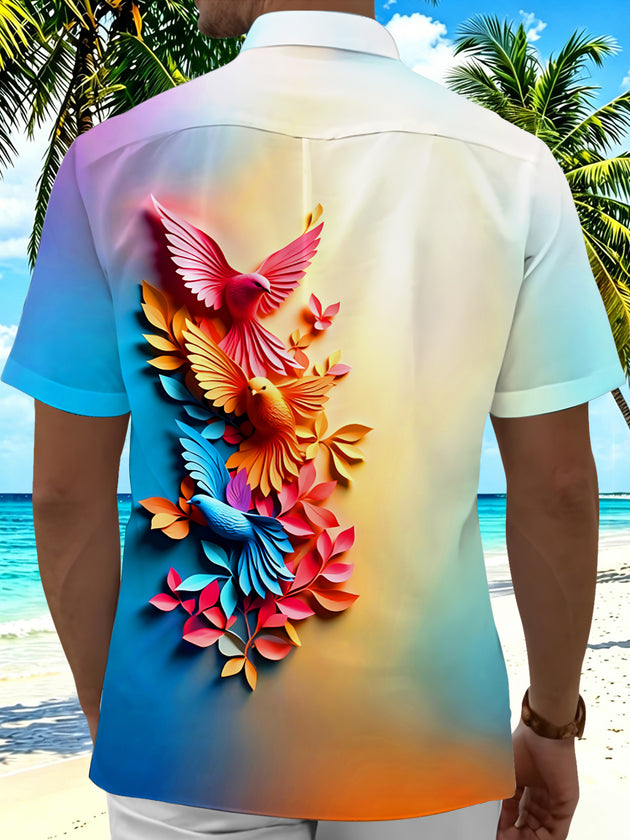 Adaychic Men's 3D 3D Relief Birds Print Floral Leaves Print Short Sleeve Shirt with Chest Pocket