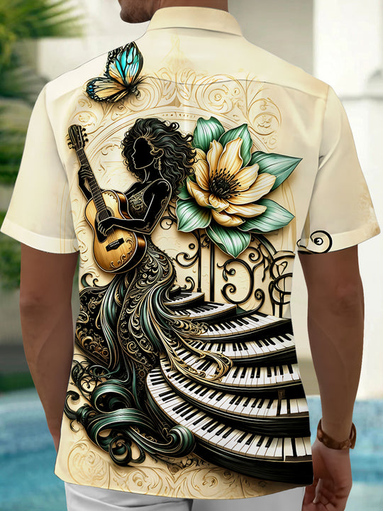 Adaychic Art Music Guitarist Piano Floral Butterfly Men's Short Sleeve Shirt with Chest Pocket