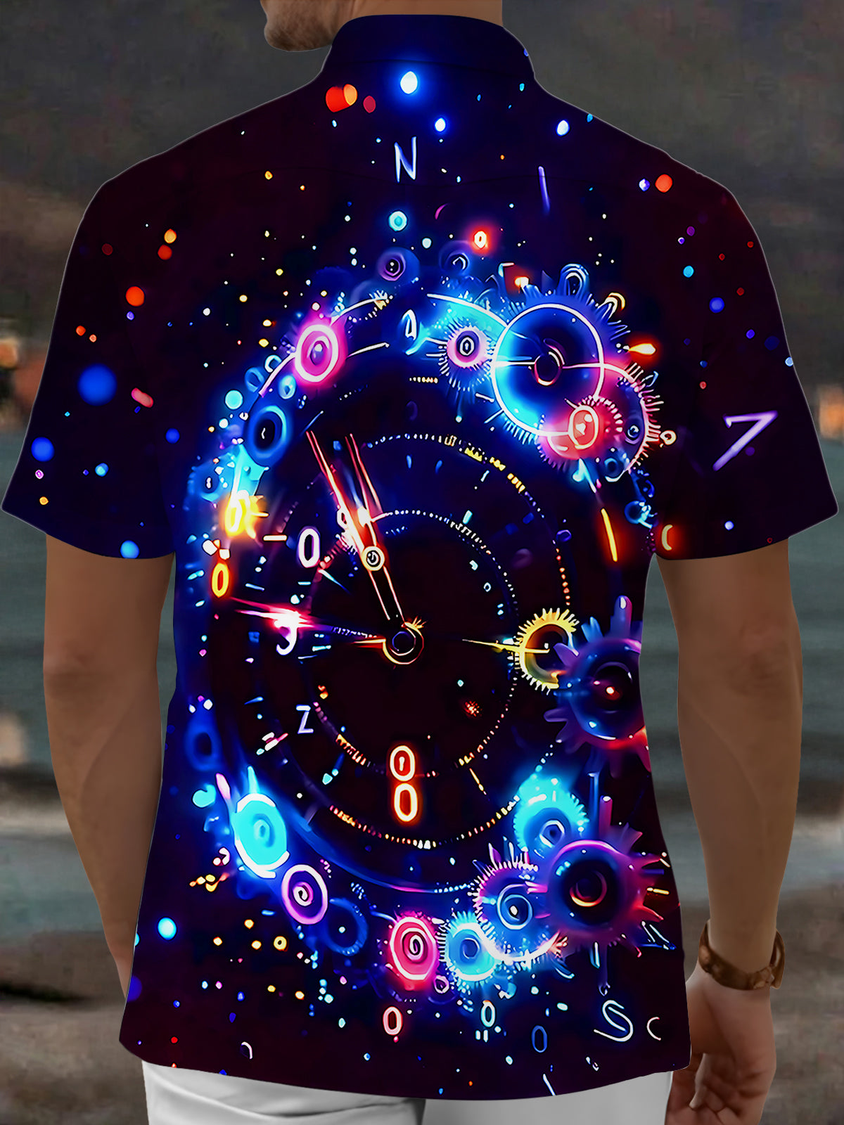 Adaychic Men's Graphic Neon Clock Gears Print Short Sleeve Shirt with Chest Pocket