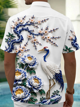 Adaychic Men's Printed Red-crowned Crane Print Short Sleeve Shirt with Chest Pocket