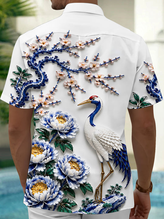 Adaychic Men's Printed Red-crowned Crane Print Short Sleeve Shirt with Chest Pocket