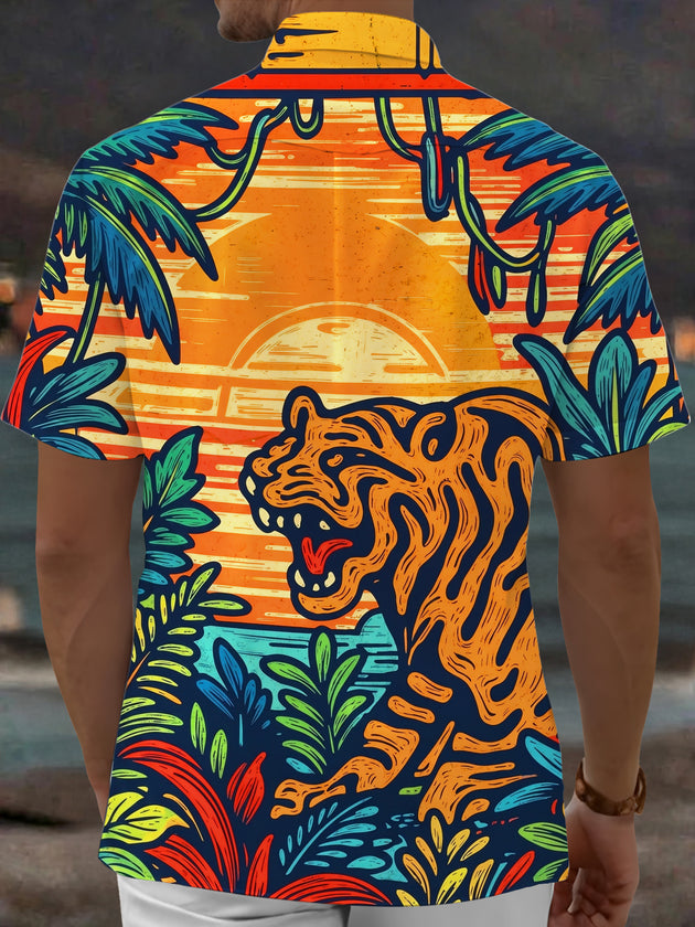 Adaychic Men's Hawaiian Roaring Tiger Print Short Sleeve Shirt with Chest Pocket