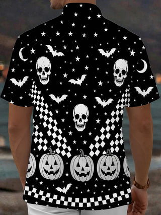 Adaychic Men's Graphic Halloween Skulls Print Short Sleeve Shirt with Chest Pocket