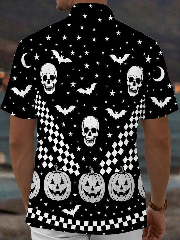 Adaychic Men's Graphic Halloween Skulls Print Short Sleeve Shirt with Chest Pocket