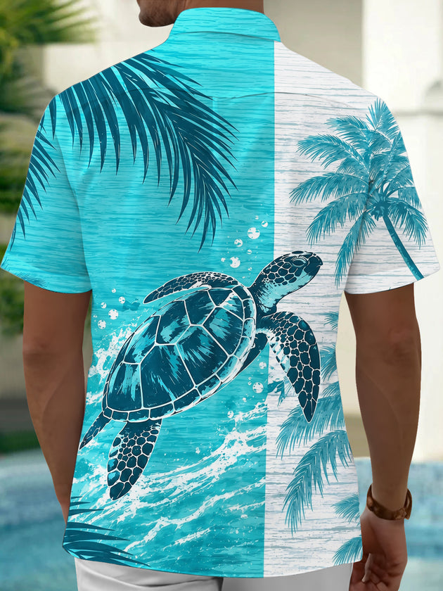 Adaychic Men's Hawaiian Sea Turtle Print Palm Leaves Print Short Sleeve Shirt with Chest Pocket