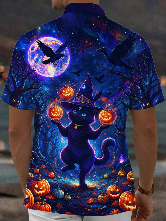 Adaychic Men's Halloween Black Cat And Pumpkins Print Short Sleeve Shirt with Chest Pocket