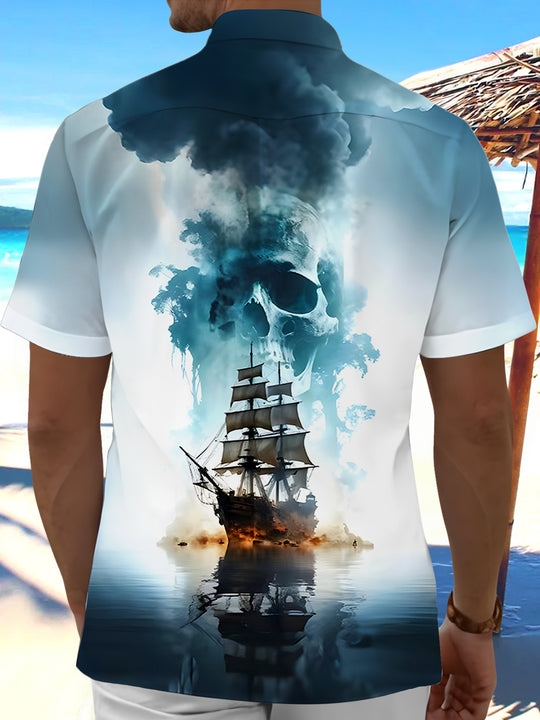 Men's Hawaiian skull print short sleeve shirt back view