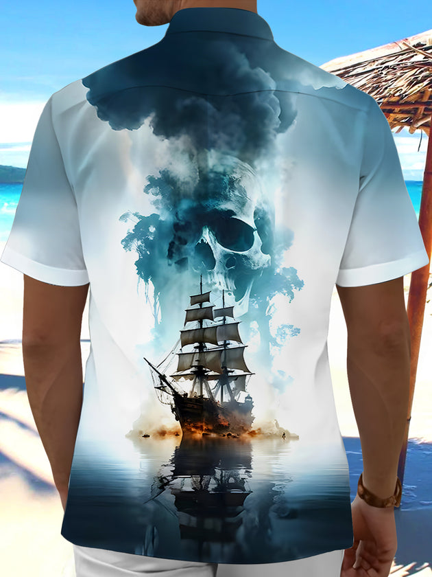 Men's Hawaiian skull print short sleeve shirt back view
