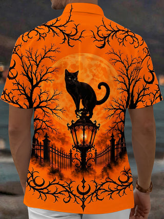 Adaychic Men's Short Sleeve Shirt - Halloween Black Cat On Lantern With Moon And Trees Print with Chest Pocket