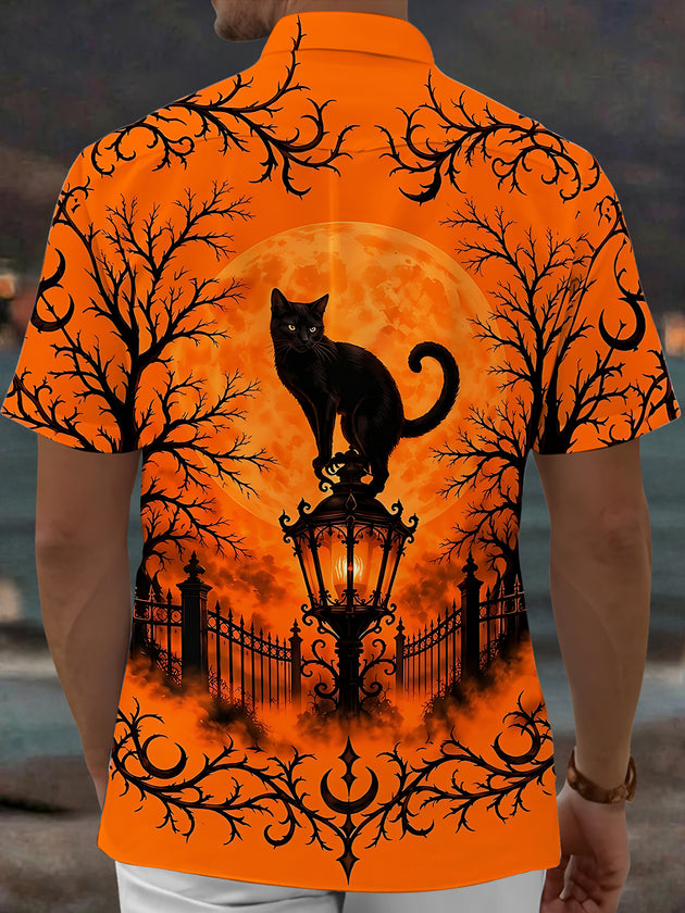 Adaychic Men's Short Sleeve Shirt - Halloween Black Cat On Lantern With Moon And Trees Print with Chest Pocket