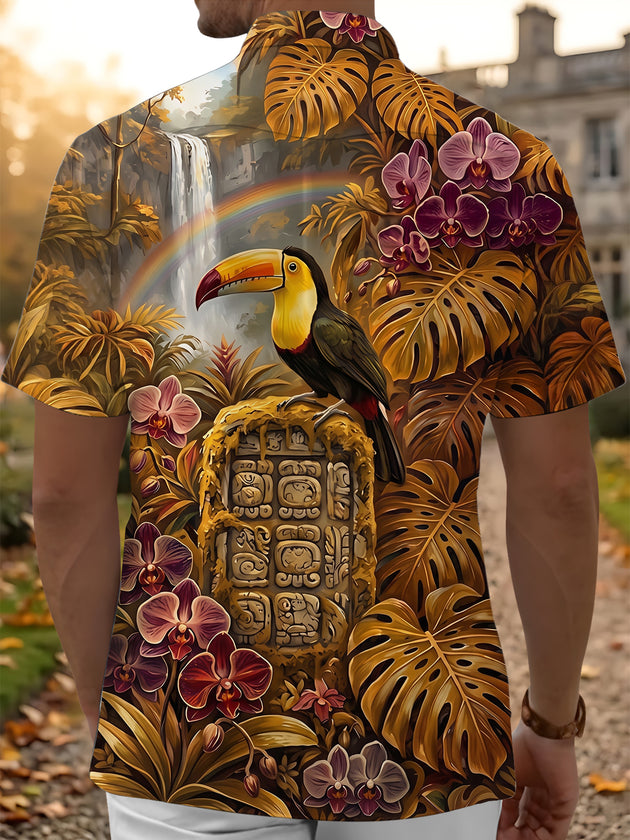 Adaychic Men's Hawaiian Toucan And Tropical Foliage Print Short Sleeve Shirt with Chest Pocket
