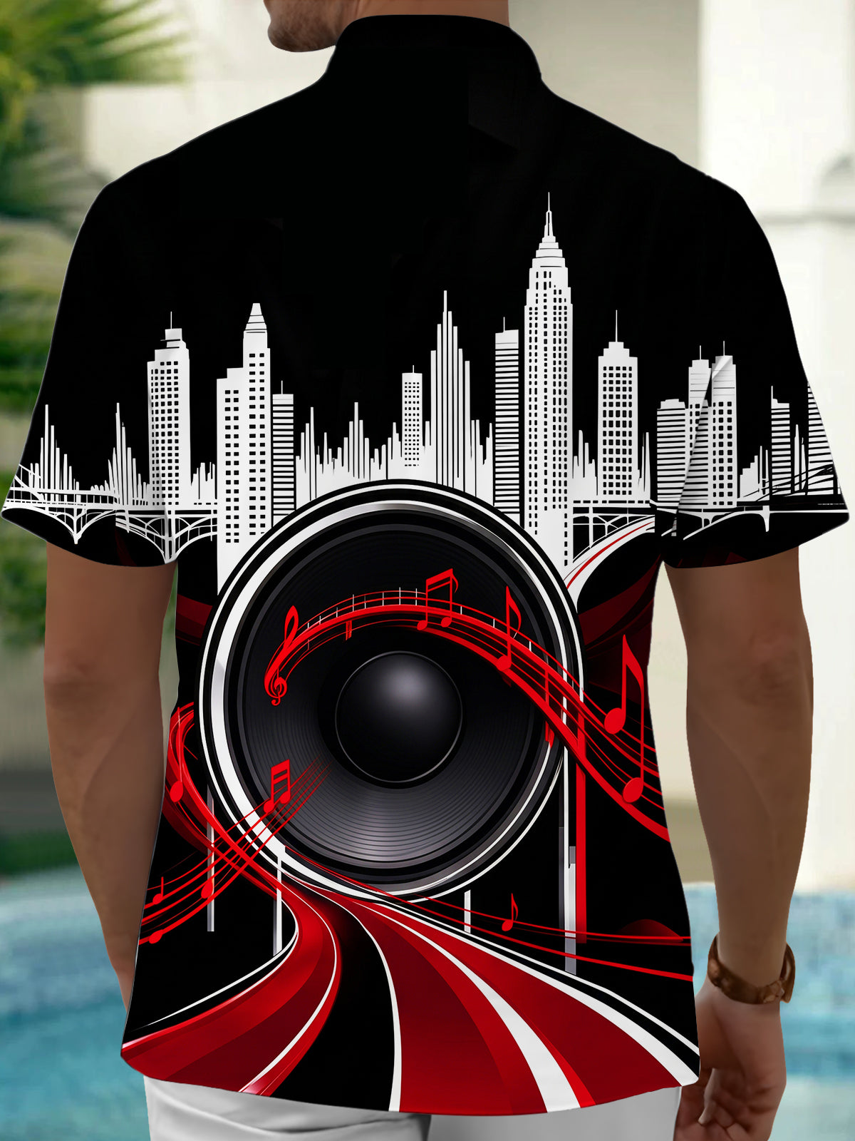 Adaychic Men's Short Sleeve Shirt - City Skyline And Speaker With Musical Notes Print with Chest Pocket