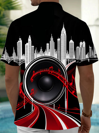 Adaychic Men's Short Sleeve Shirt - City Skyline And Speaker With Musical Notes Print with Chest Pocket