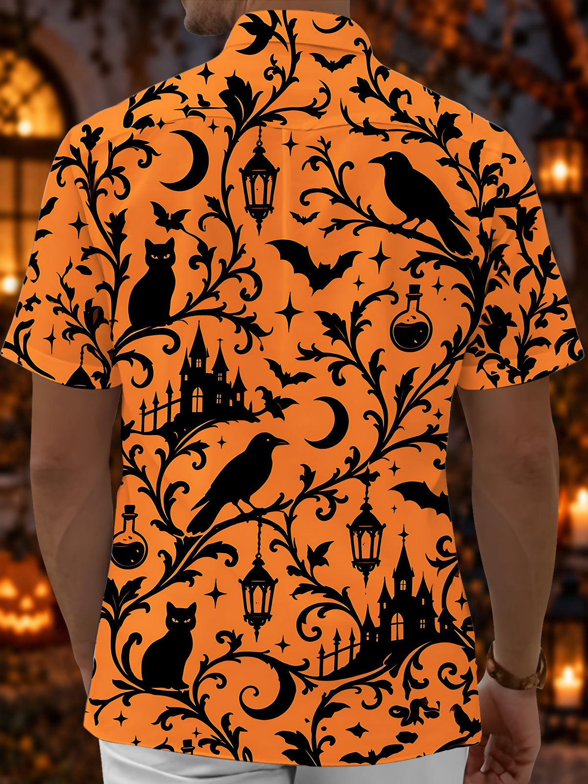 Adaychic Men's Short Sleeve Shirt - Halloween Black Cats Crows Bats Castles And Moon Print with Chest Pocket