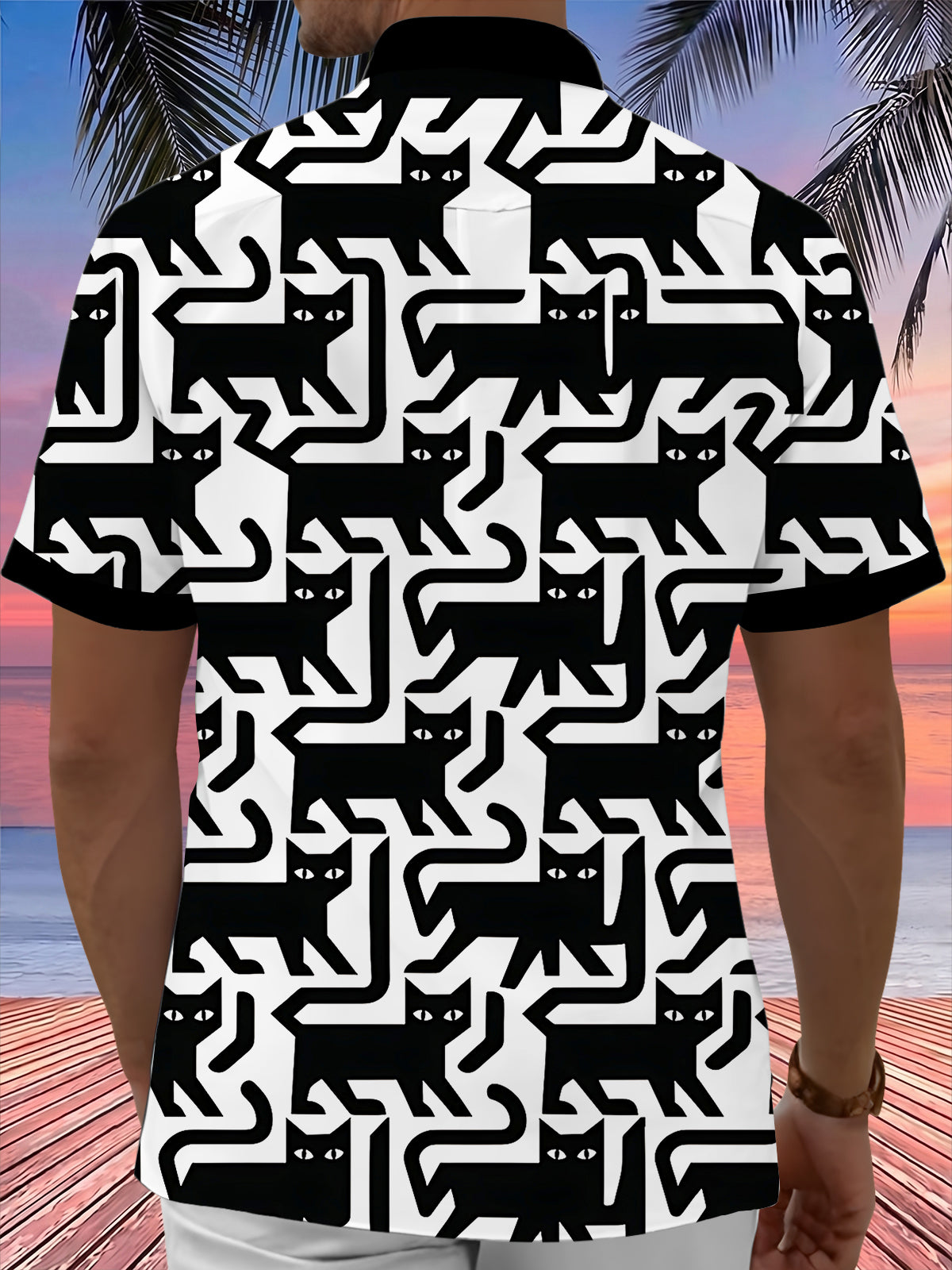 Adaychic Men's Graphic Black Cat Pattern Halloween Cat Print Short Sleeve Shirt with Chest Pocket