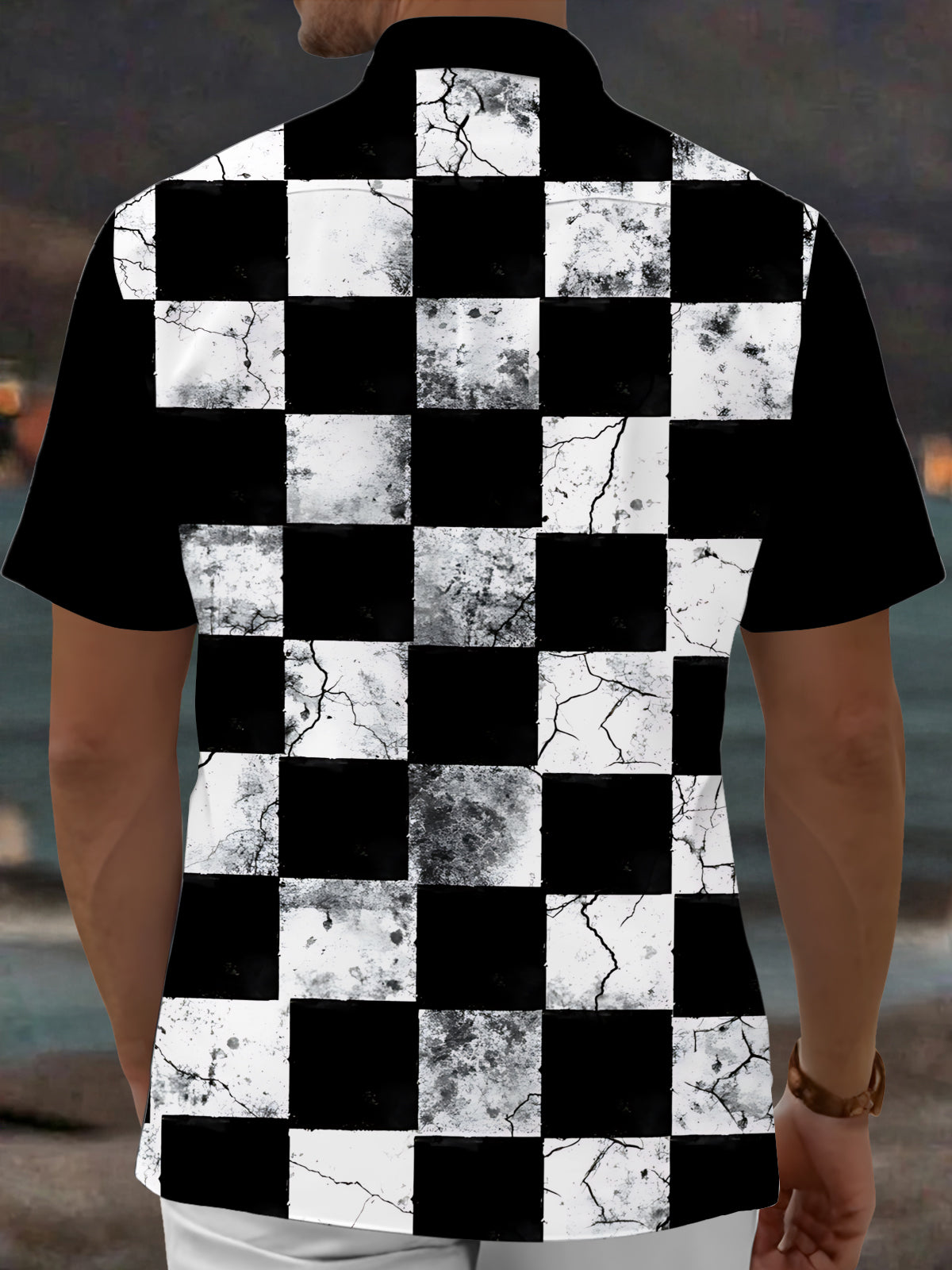 Adaychic Men's Patterned Black And White Checkerboard Print Short Sleeve Shirt with Chest Pocket