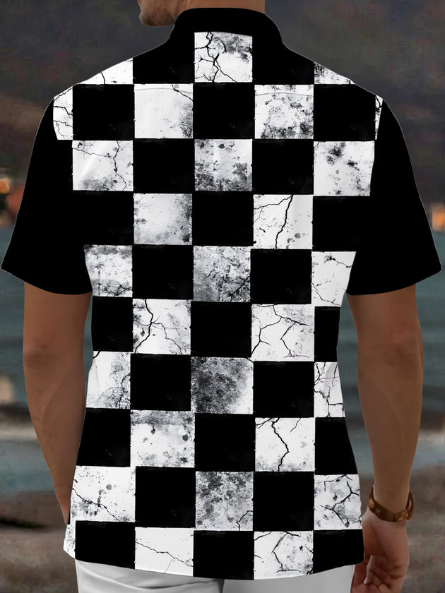 Adaychic Men's Patterned Black And White Checkerboard Print Short Sleeve Shirt with Chest Pocket