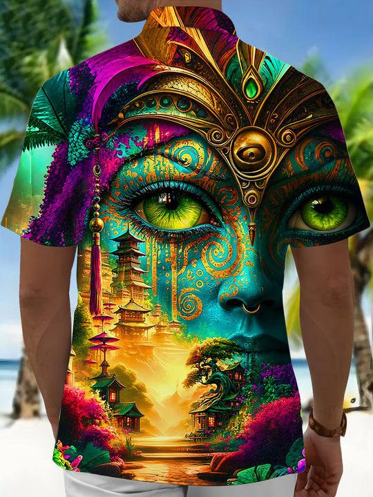 Adaychic Men's Graphic 3D Psychedelic Face Pagoda Print Short Sleeve Button Down Shirt with Chest Pocket