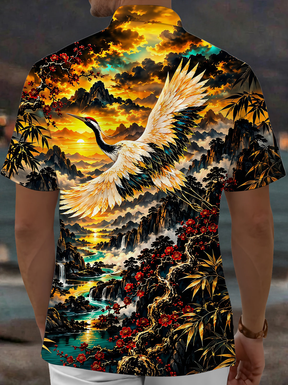 Adaychic Men's Red-crowned Crane And Landscape Print Short Sleeve Shirt with Chest Pocket