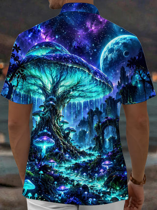 Adaychic Men's Hawaiian Mushroom Fantasy Forest Print Short Sleeve Shirt with Chest Pocket