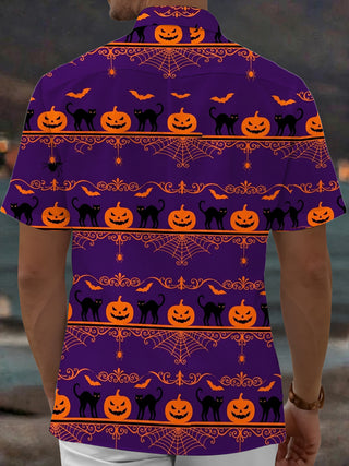 Adaychic Men's Halloween Black Cats And Pumpkins Print Short Sleeve Shirt with Chest Pocket