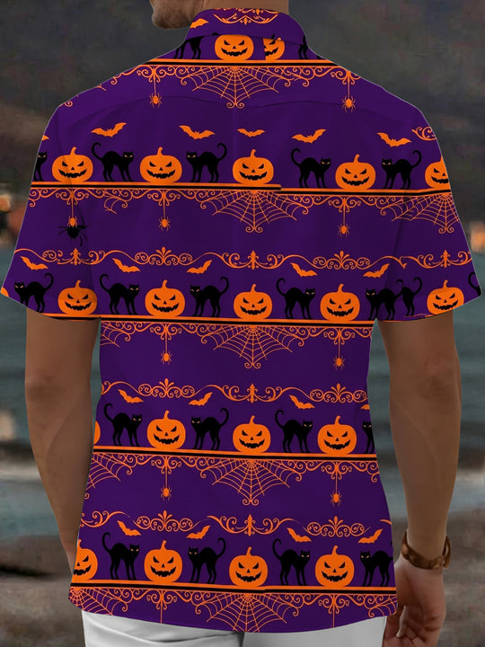 Adaychic Men's Halloween Black Cats And Pumpkins Print Short Sleeve Shirt with Chest Pocket