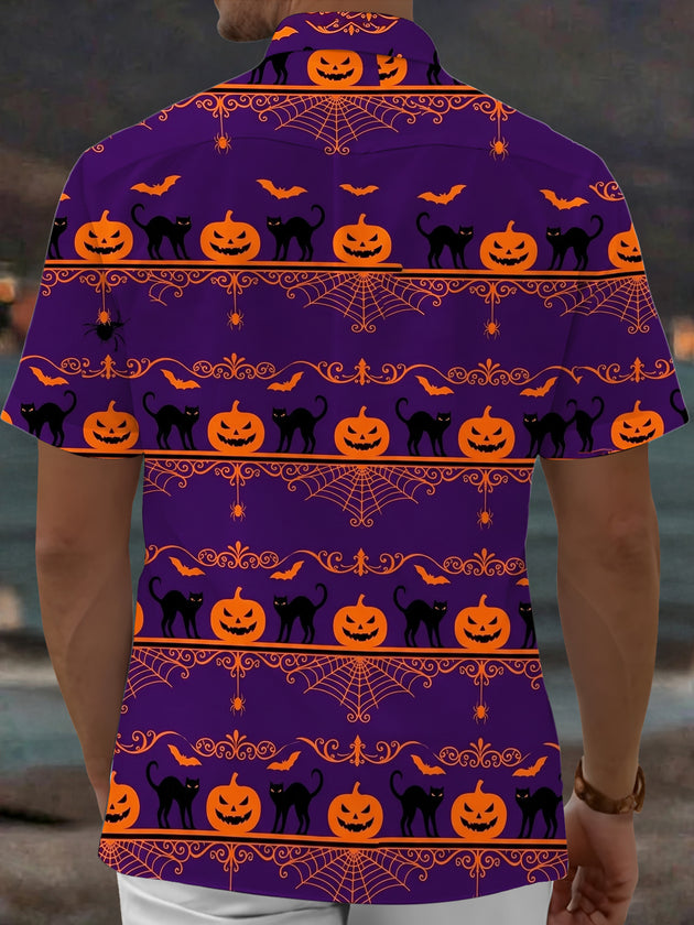 Adaychic Men's Halloween Black Cats And Pumpkins Print Short Sleeve Shirt with Chest Pocket