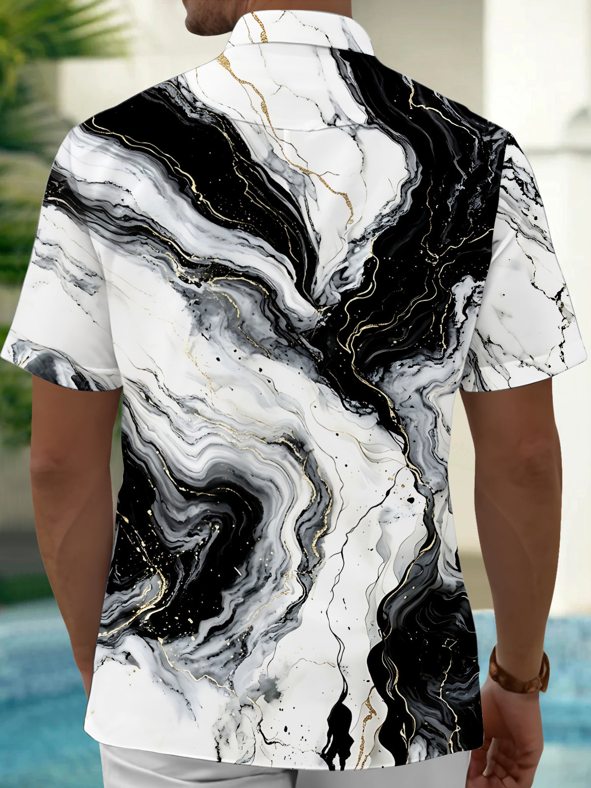 Adaychic Men's Printed Marble Effect Print Gold Veins Print Short Sleeve Shirt with Chest Pocket