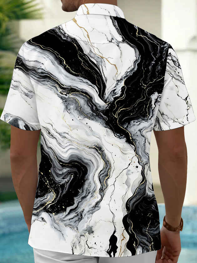 Adaychic Men's Printed Marble Effect Print Gold Veins Print Short Sleeve Shirt with Chest Pocket