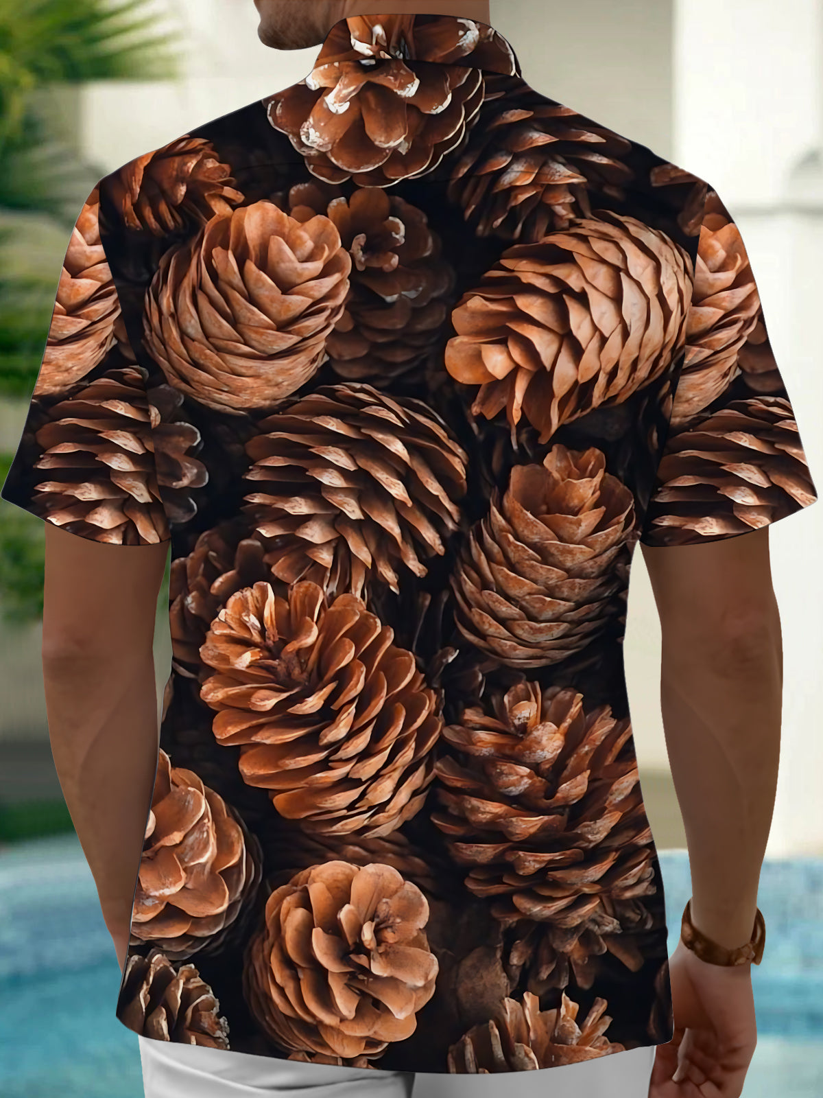 Adaychic Men's Hawaiian Pinecone Pattern Short Sleeve Shirt with Chest Pocket