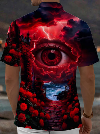 Adaychic Men's Graphic Giant Red Eye Print Dark Castle Print Short Sleeve Shirt with Chest Pocket