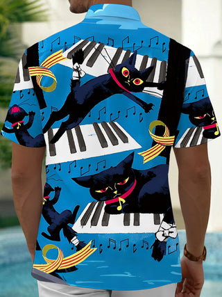 Adaychic Men's Hawaiian Black Cat Print Short Sleeve Shirt with Chest Pocket