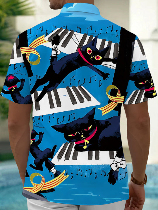 Adaychic Men's Hawaiian Black Cat Print Short Sleeve Shirt with Chest Pocket