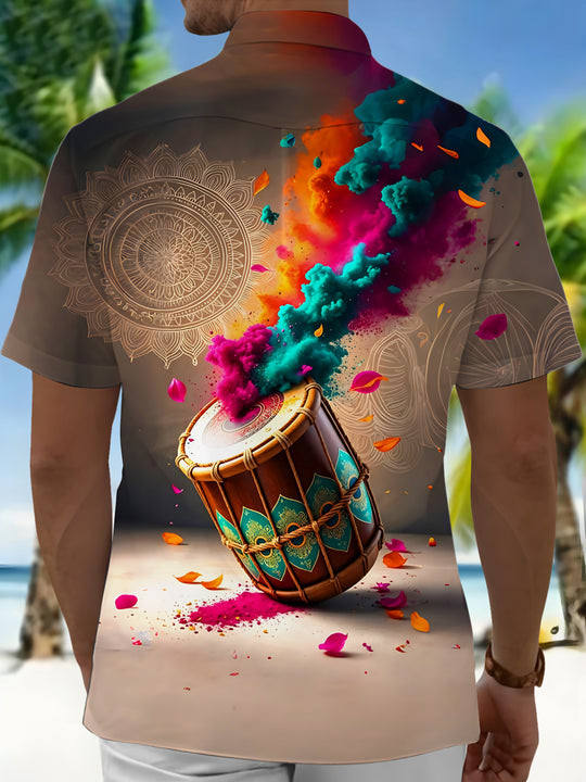 Adaychic Men's Graphic Drum With Colorful Powder Print Short Sleeve Shirt with Chest Pocket