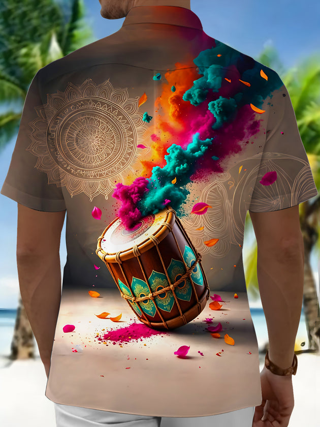 Adaychic Men's Graphic Drum With Colorful Powder Print Short Sleeve Shirt with Chest Pocket