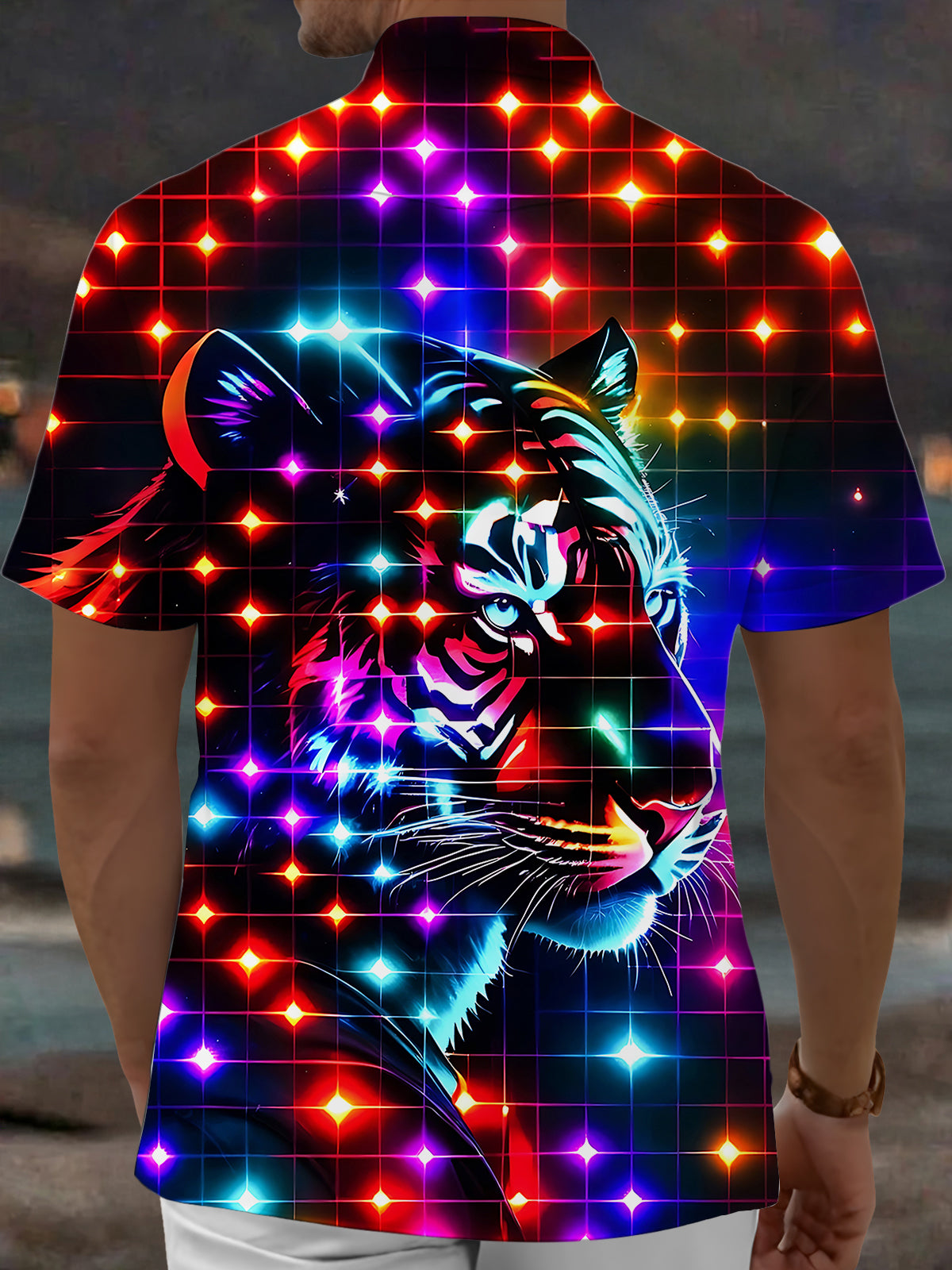 Adaychic Men's Graphic Neon Grid Tiger Print Short Sleeve Shirt with Chest Pocket