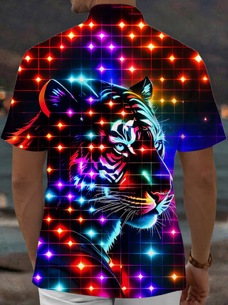 Adaychic Men's Graphic Neon Grid Tiger Print Short Sleeve Shirt with Chest Pocket