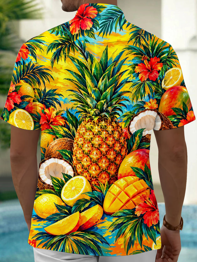 Adaychic Men's Hawaiian Pineapple And Tropical Fruits Print Short Sleeve Shirt with Chest Pocket