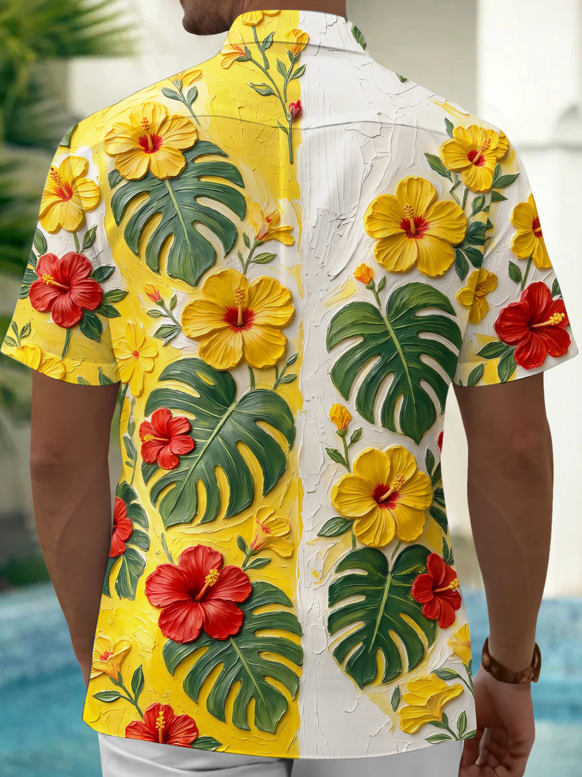 Adaychic Men's Hibiscus Flowers And Monstera Leaves Print Short Sleeve Shirt with Chest Pocket
