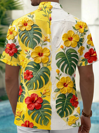 Adaychic Men's Hibiscus Flowers And Monstera Leaves Print Short Sleeve Shirt with Chest Pocket