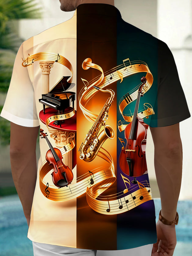 Adaychic Men's Graphic Musical Instruments Print Short Sleeve Shirt with Chest Pocket
