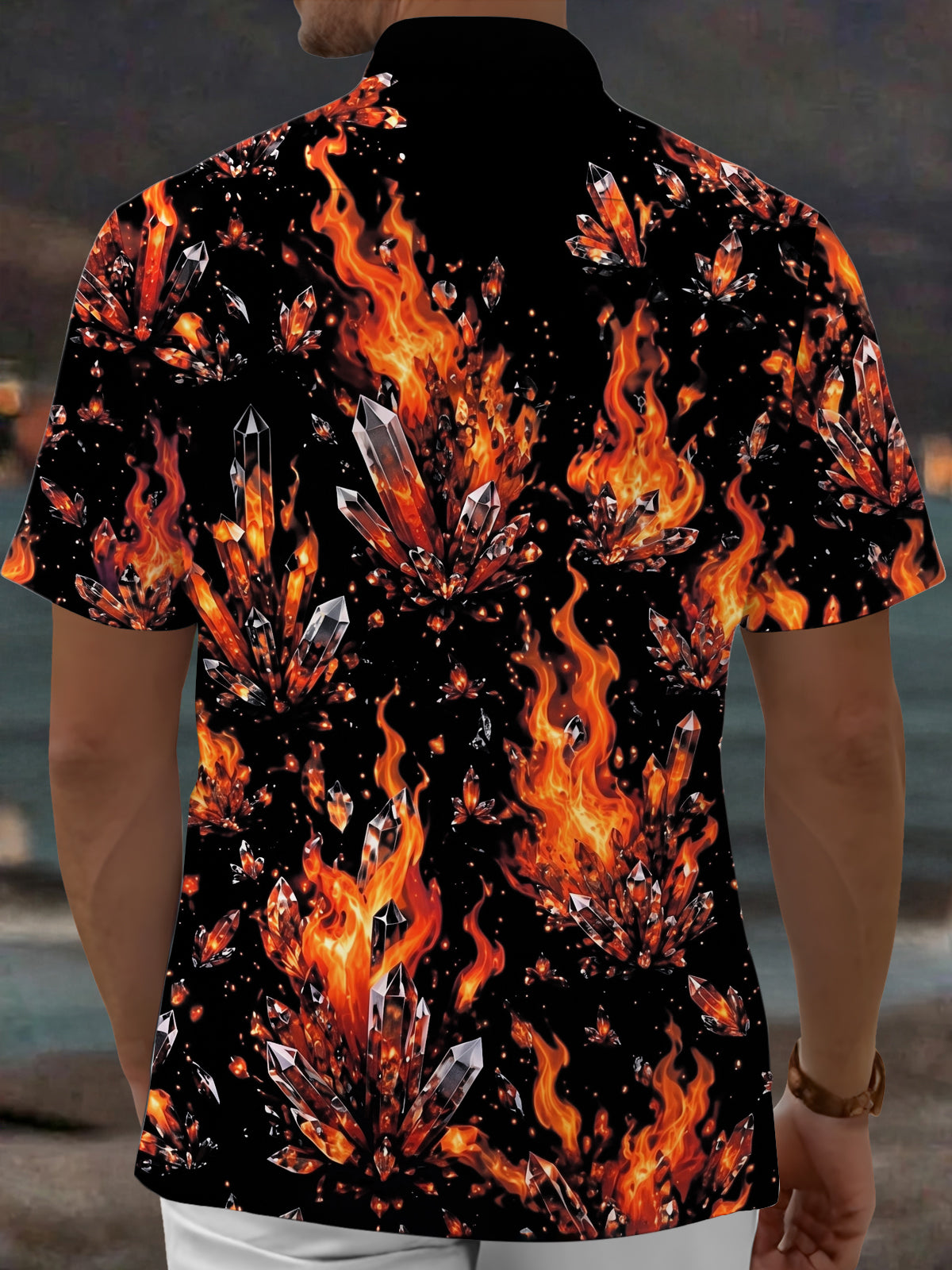 Adaychic Men's Printed Flame Crystal Print Short Sleeve Shirt with Chest Pocket